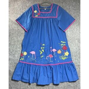 Go Softly Patio Dress Womens XL Blue Flamingo Embroidered Kaftan Maxi Cotton
